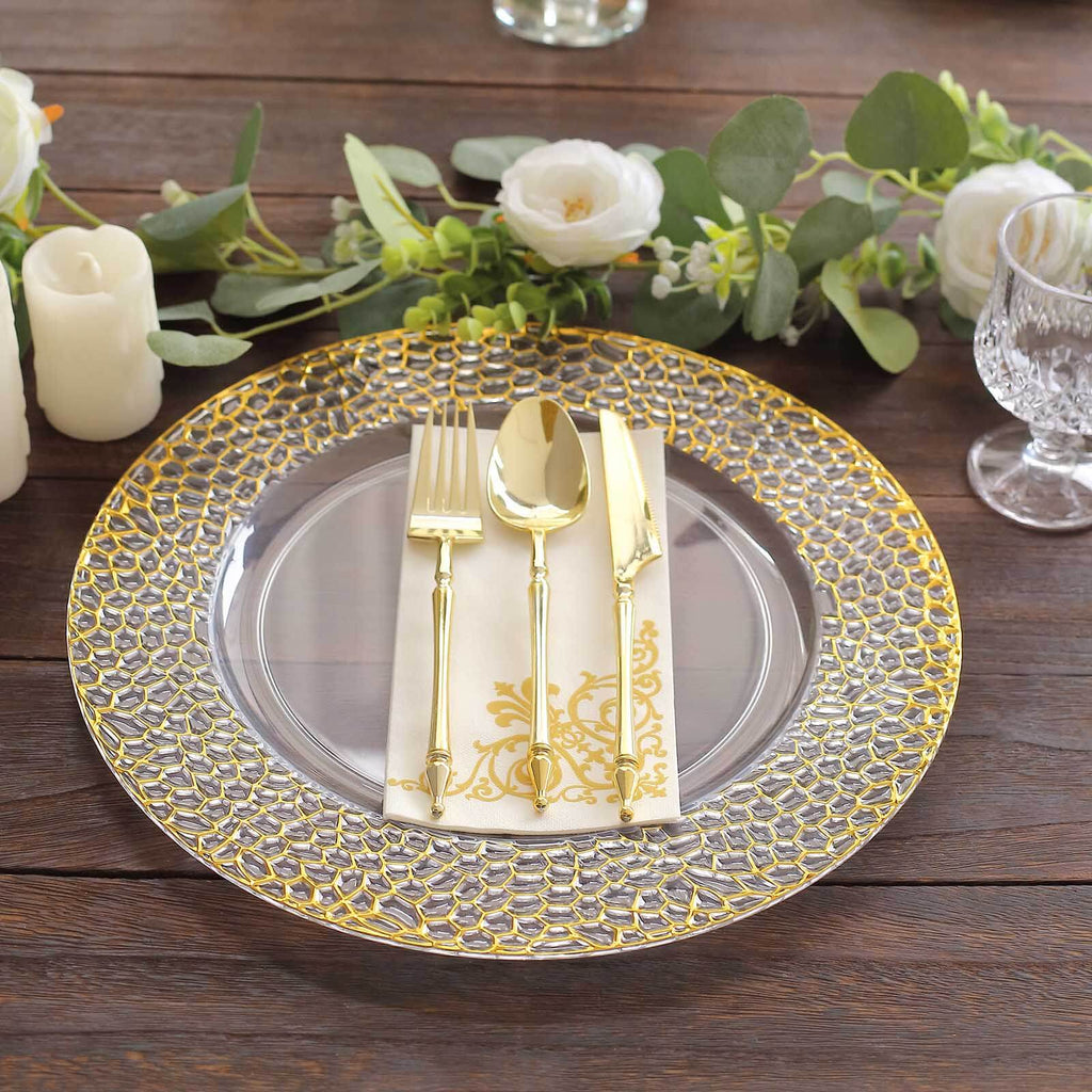 6-Pack Acrylic Charger Plates 13" Round Clear with Gold Hammered Rim - Decorative Plastic Charger Tableware